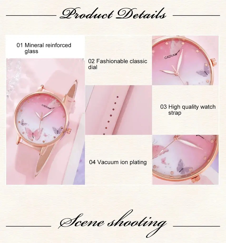 Women’s Quartz Watch with Pink Butterfly Dial - 6PCS Fashion Set