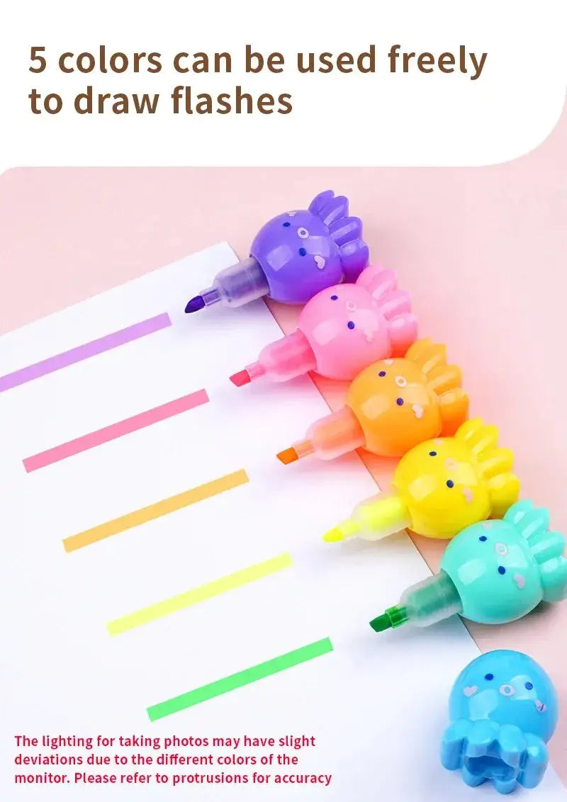 Cute Octopus Highlighter Set in 5 Watercolor Colors for School and Office