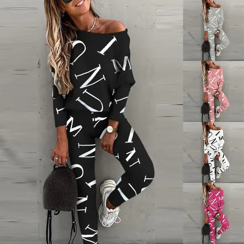 Women’s Letter Printed Casual Suit with Long Sleeved Pants