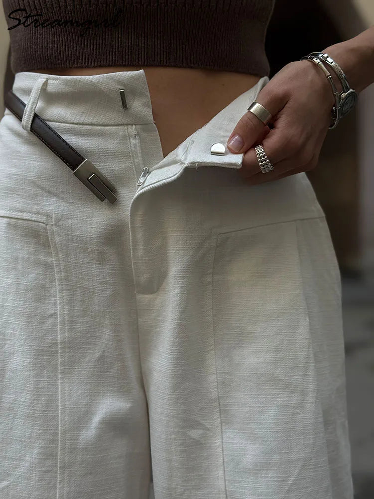 Cotton Linen Wide Leg Suit Pants High Waist Formal Trousers