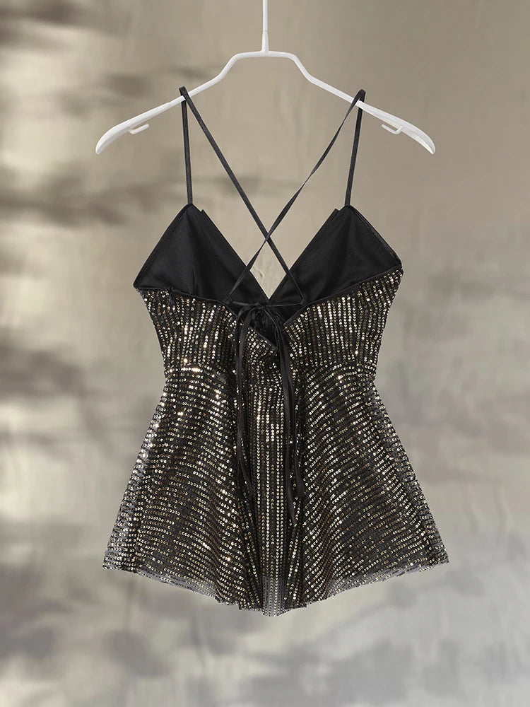 Chic Beaded V-Neck Camisole – Women's 2025 Backless Ruffle Top - Himpall