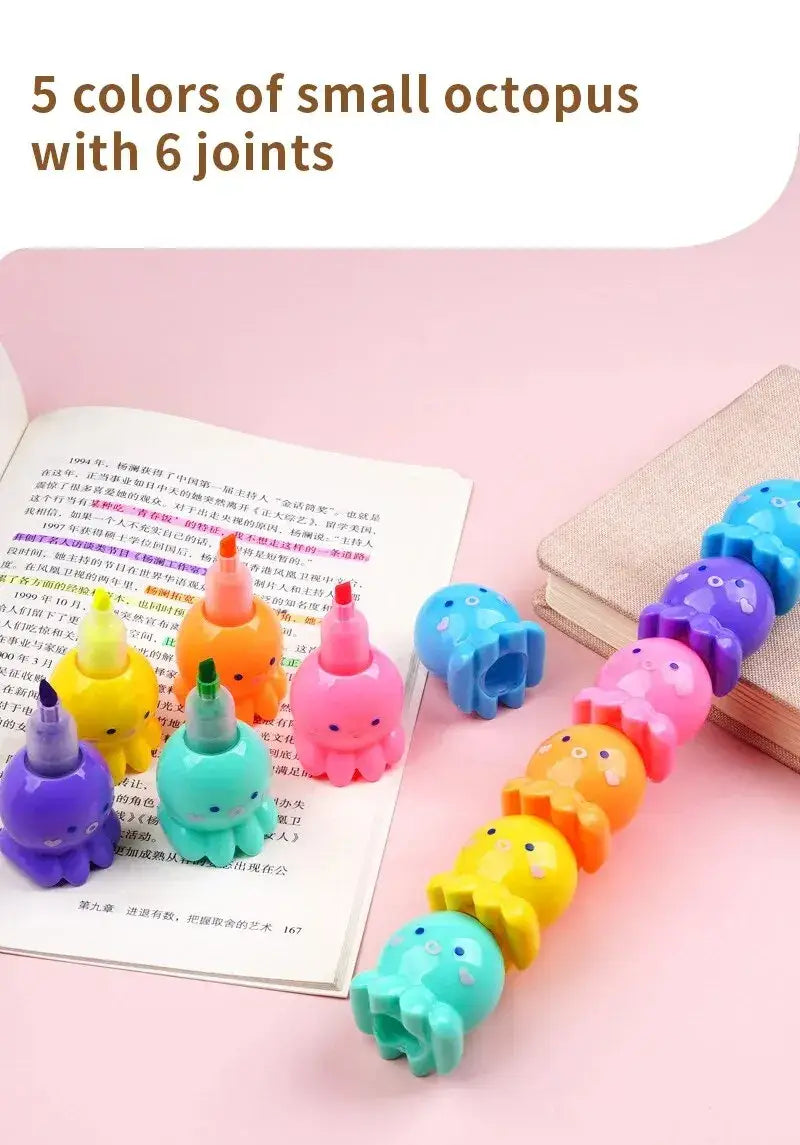 Cute Octopus Highlighter Set in 5 Watercolor Colors for School and Office