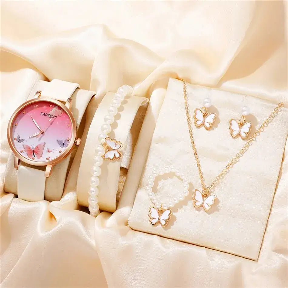 Women’s Quartz Watch with Pink Butterfly Dial - 6PCS Fashion Set