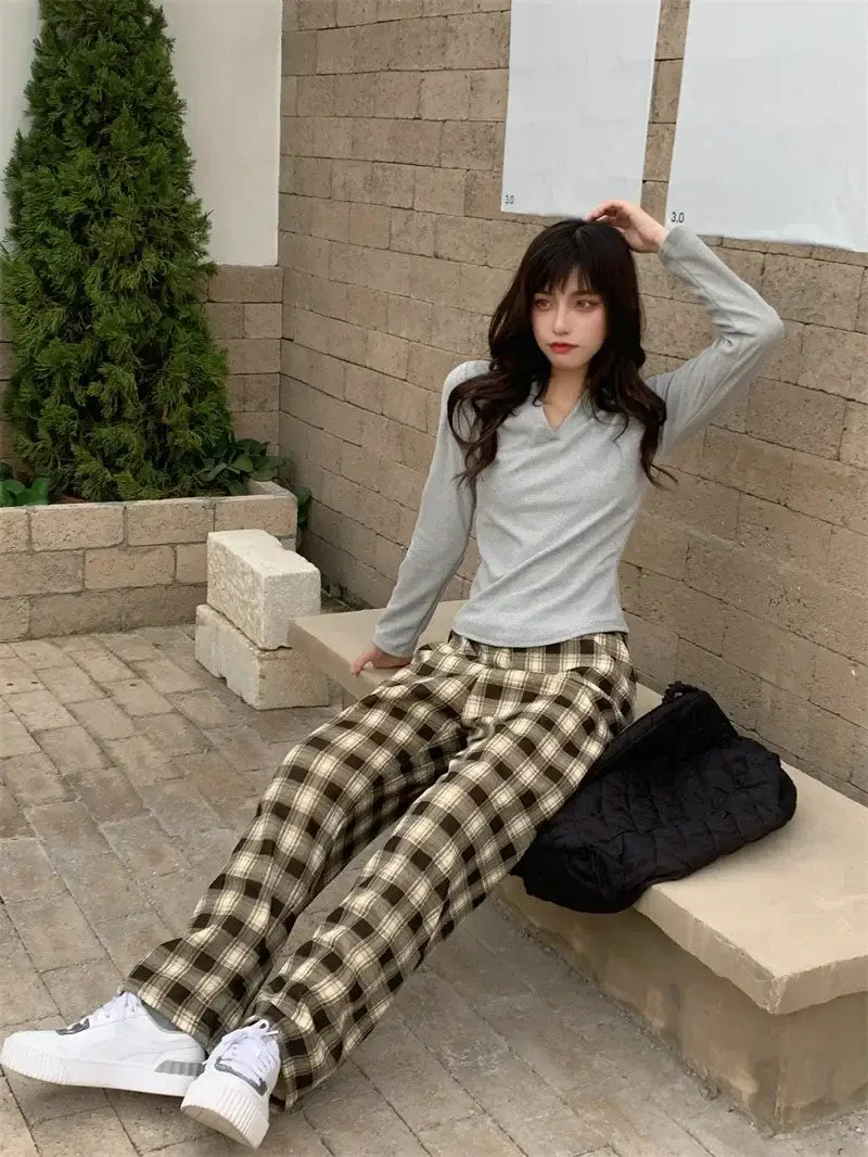 Warm Plush Cashmere Pants in Thick Plaid Wide-Legged Winter Style