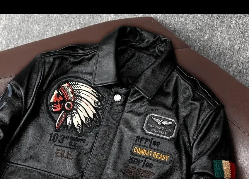 Men’s Cowhide Leather Motorcycle Jacket with Embroidery Flying Suit Design