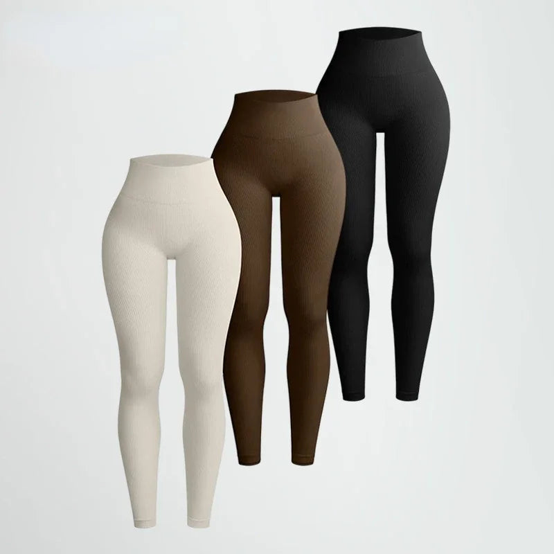 High Waist Seamless Knit Leggings Stretchy Threaded Yoga Tights