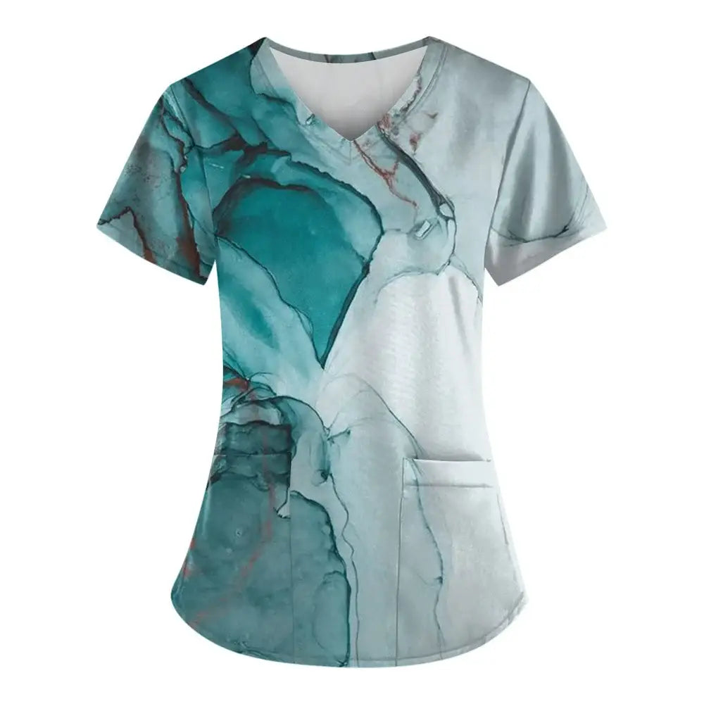 Marble Print Scrubs: Short-Sleeved Tops with Pockets