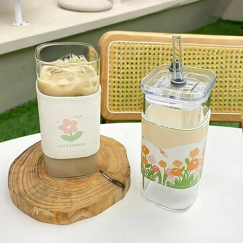 Square Glass Coffee Cup with Lid and Straw – Heat Resistant Drinkware