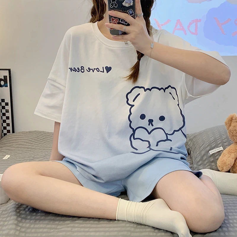 Korean Version Short Sleeves Pajamas Large Size Sweet Student Homewear