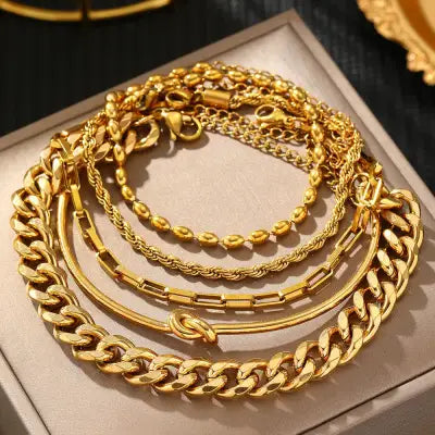 Stainless Steel Bracelet Set with Fashionable Chain Design for Women - Gold