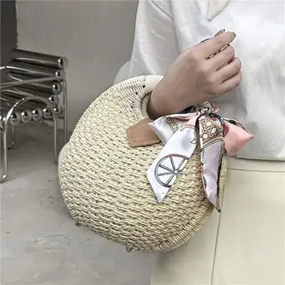 Holiday Shell Handbag Woven Beach Bag Cute Rattan Round Tote for Women