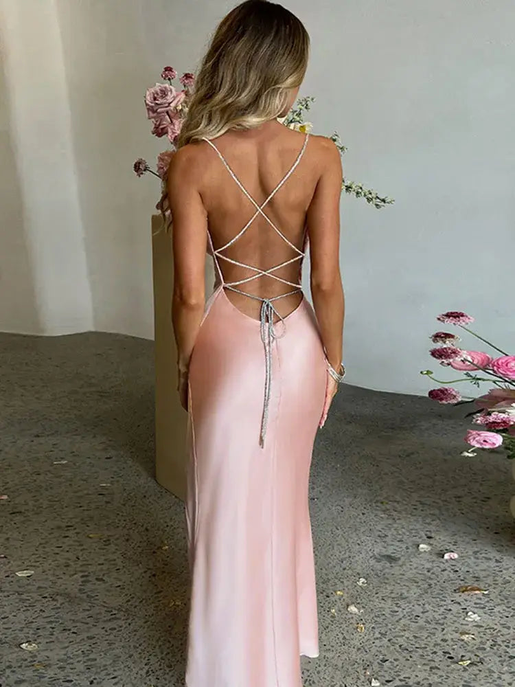 CNYISHE Sexy Split Spaghetti Strap Backless Maxi Dress