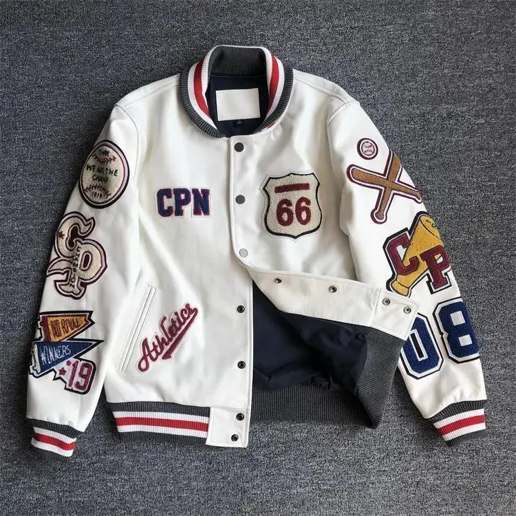 Men’s Winter Baseball Jacket in Retro Trend Leather with Embroidery