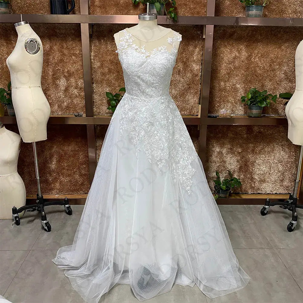 A-Line Wedding Dress – Elegant Boho Lace Bridal Gown with Illusion Back