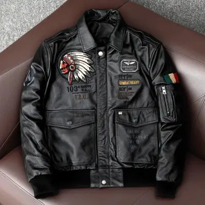 Men’s Cowhide Leather Motorcycle Jacket with Embroidery Flying Suit Design - black / 4XL