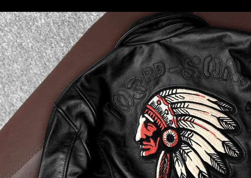 Men’s Cowhide Leather Motorcycle Jacket with Embroidery Flying Suit Design