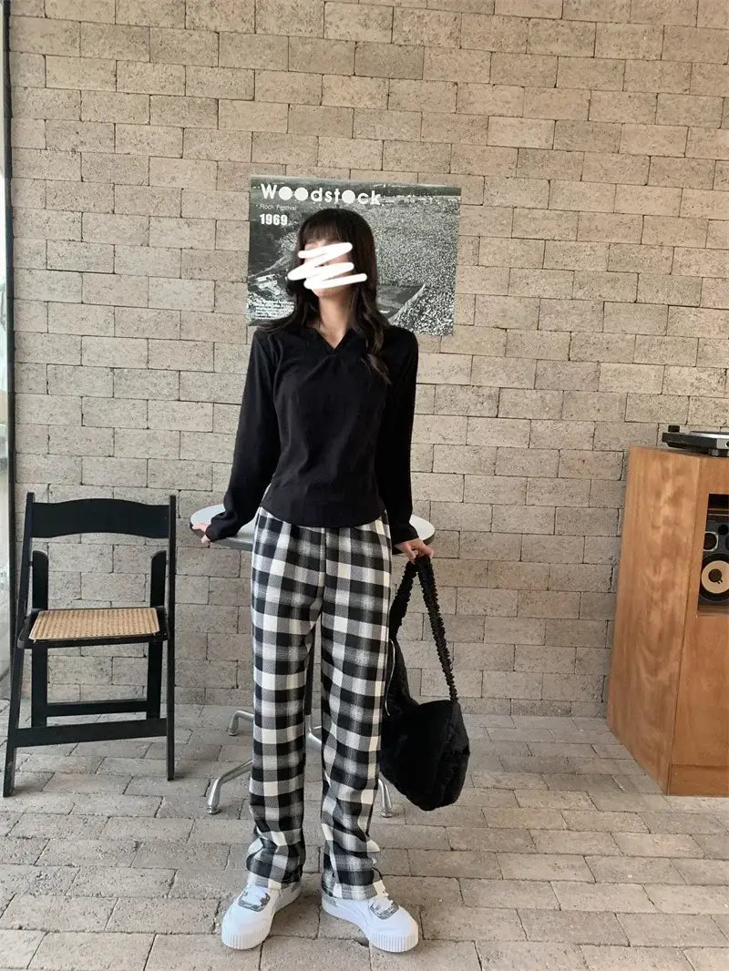 Warm Plush Cashmere Pants in Thick Plaid Wide-Legged Winter Style