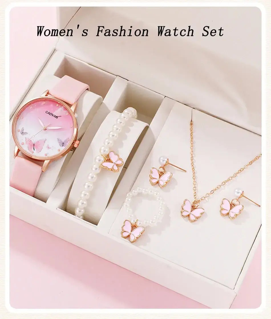 Women’s Quartz Watch with Pink Butterfly Dial - 6PCS Fashion Set