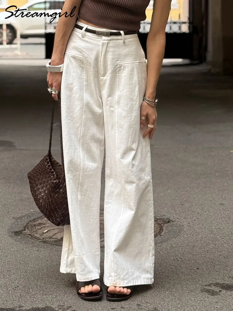 Cotton Linen Wide Leg Suit Pants High Waist Formal Trousers