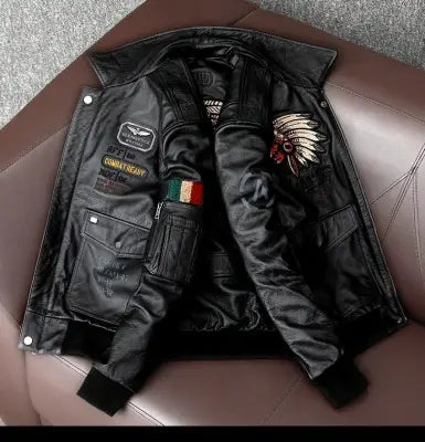 Men’s Cowhide Leather Motorcycle Jacket with Embroidery Flying Suit Design