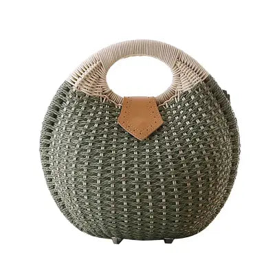 Holiday Shell Handbag Woven Beach Bag Cute Rattan Round Tote for Women - green