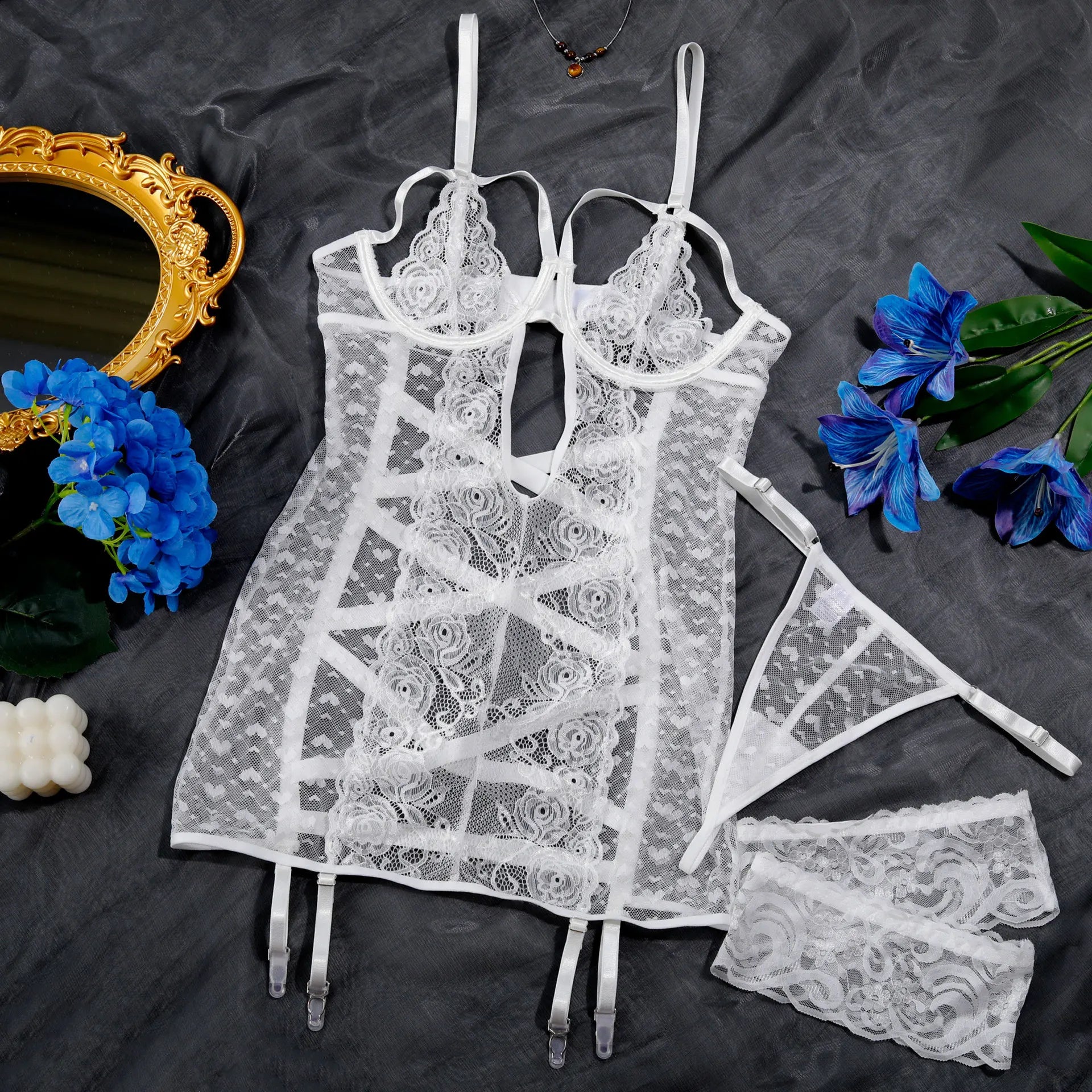 Mold Cup Valentine Lingerie Set Heart Mesh Seductive See Through Style
