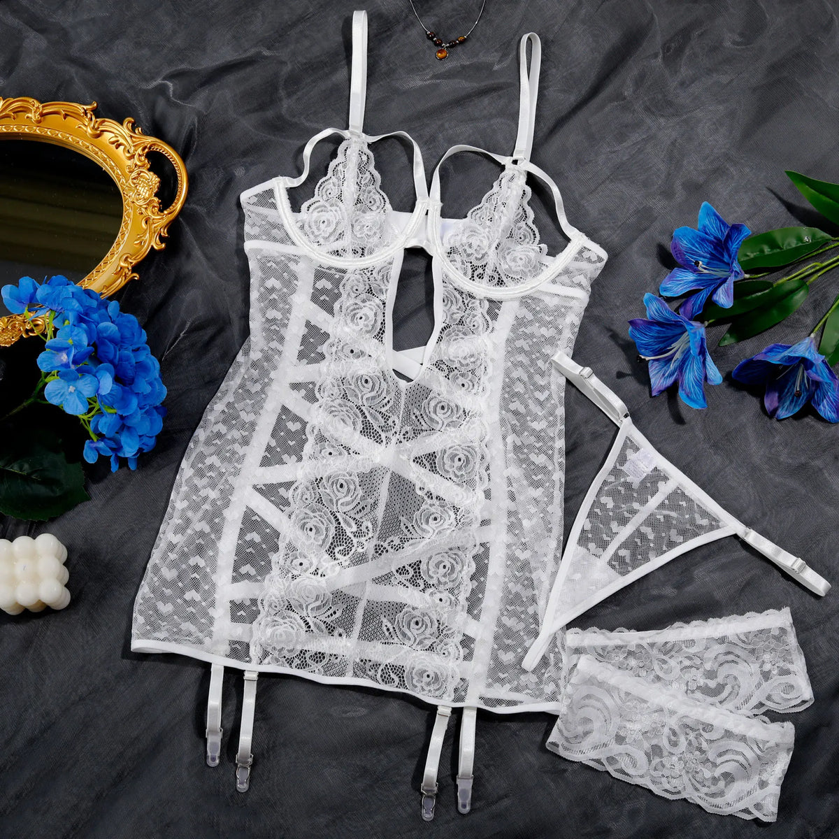 Mold Cup Valentine Lingerie Set Heart Mesh Seductive See Through Style