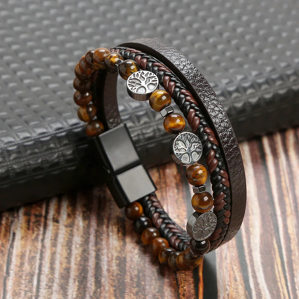 Multilayer Fashion Leather Bracelets for Men with Woven Alloy Accents