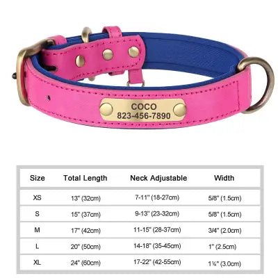 Personalized Dog Collar in Engraved PU Leather with ID Tag - Rose / XS