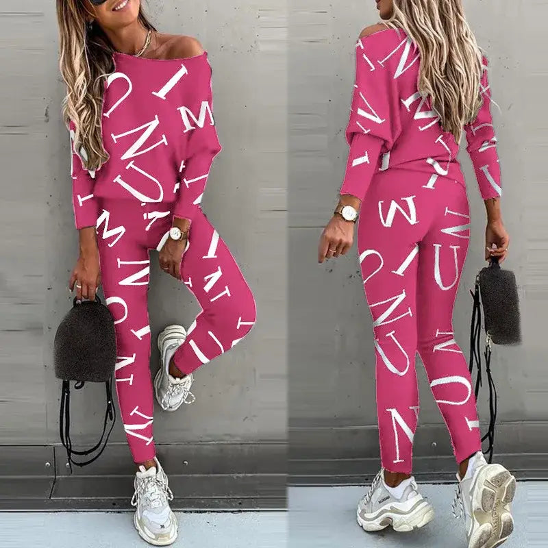 Women’s Letter Printed Casual Suit with Long Sleeved Pants