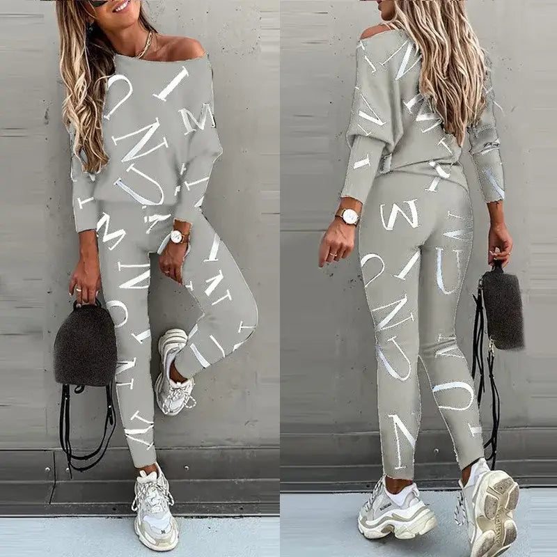 Women’s Letter Printed Casual Suit with Long Sleeved Pants