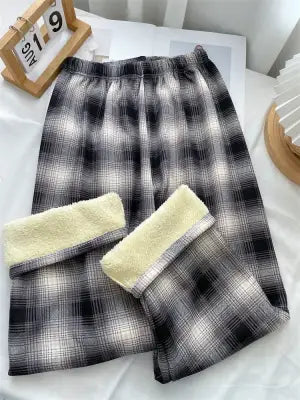 Warm Plush Cashmere Pants in Thick Plaid Wide-Legged Winter Style - Grey / One Size