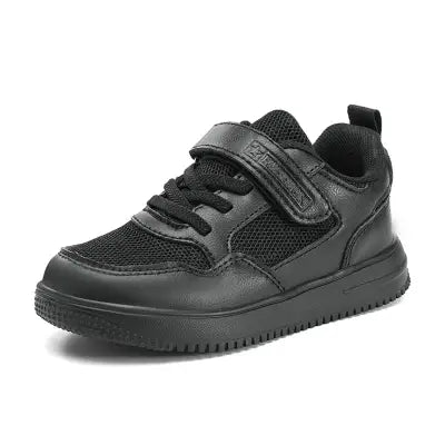 Boys Casual Black Leather Sneakers Lightweight Non-Slip Flat Shoes - Black (Mesh) / 34