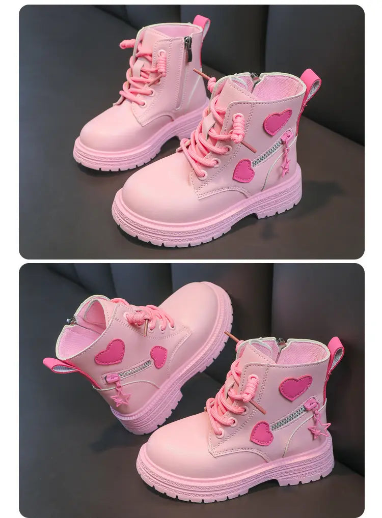 Girls Pink Rubber Boots with Winter Cotton Soft Sole and Side Zip