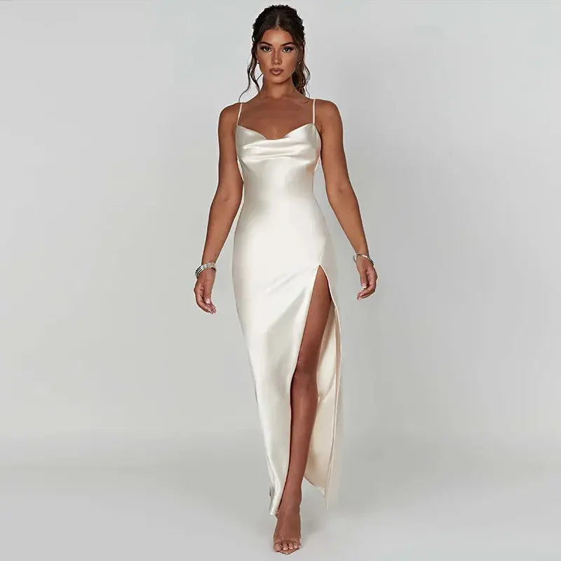 Dulzura Satin Maxi Dress: Lace-Up Back Side Slit Elegant Summer Style