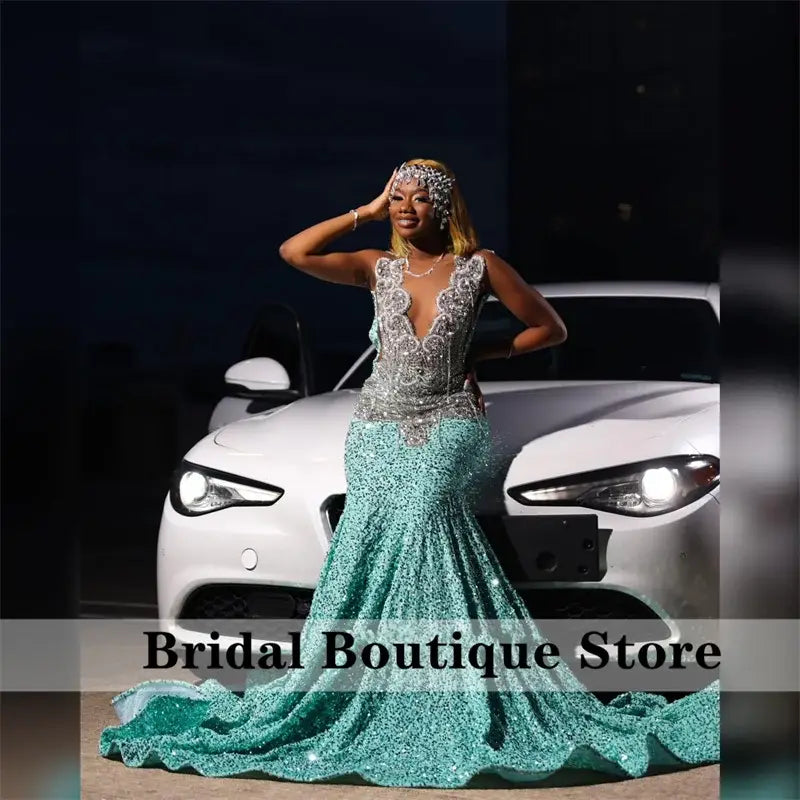 Glittering Mermaid Prom Dress with Diamonds and Rhinestones