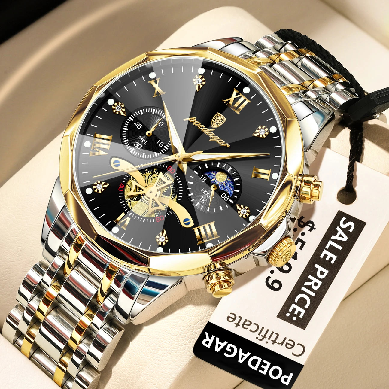 Waterproof Men Stainless Steel Quartz Chronograph Watch - 938 Gold Gold Black