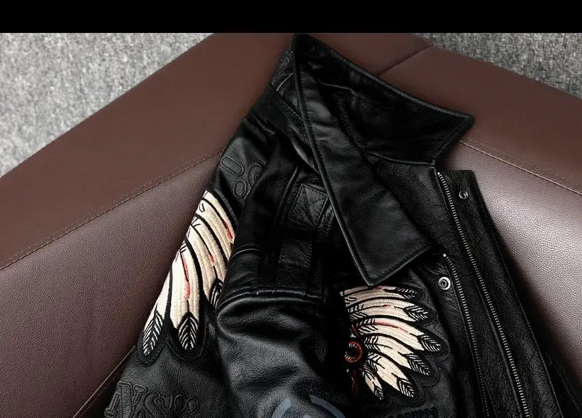 Men’s Cowhide Leather Motorcycle Jacket with Embroidery Flying Suit Design