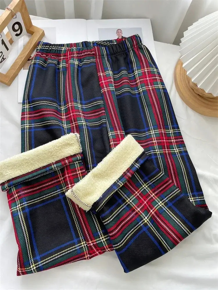 Warm Plush Cashmere Pants in Thick Plaid Wide-Legged Winter Style