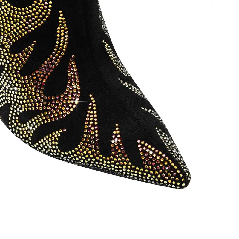 Tiger Tooth Boots: Stylish Stretch Boots with Rhinestone Flame Design