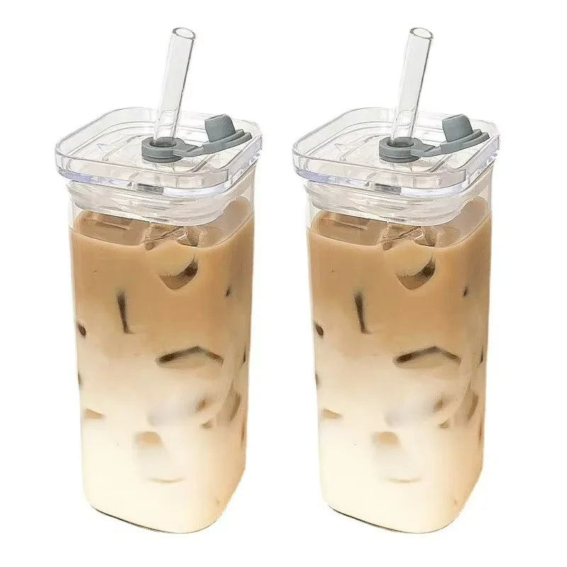 Square Glass Coffee Cup with Lid and Straw – Heat Resistant Drinkware