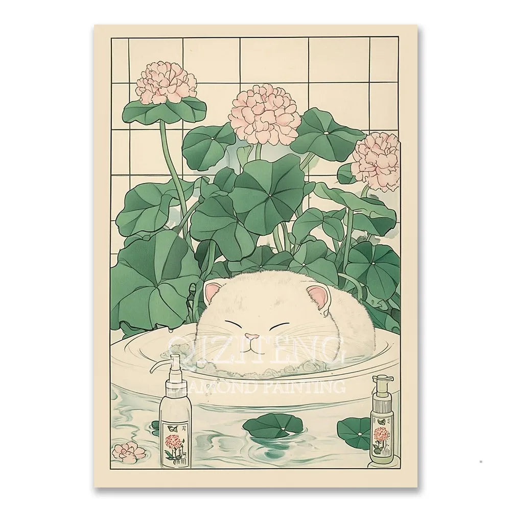 Cat in Bathtub Diamond Painting Square Round Kit Retro Home Decor