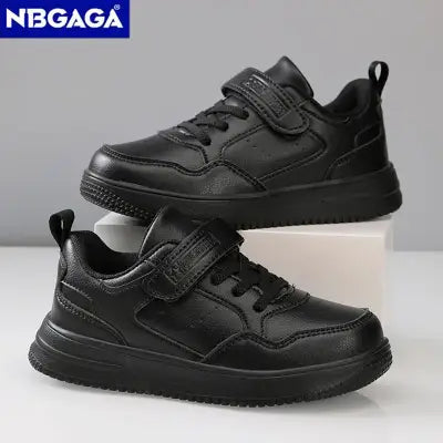 Boys Casual Black Leather Sneakers Lightweight Non-Slip Flat Shoes