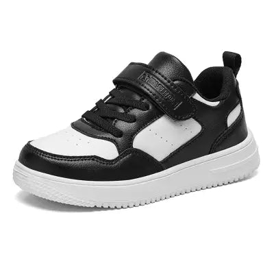 Boys Casual Black Leather Sneakers Lightweight Non-Slip Flat Shoes - Black White(Leather) / 38