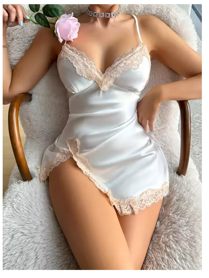 Leopard Lace Trim Nightdress V Neck Backless Side Split Sleepwear