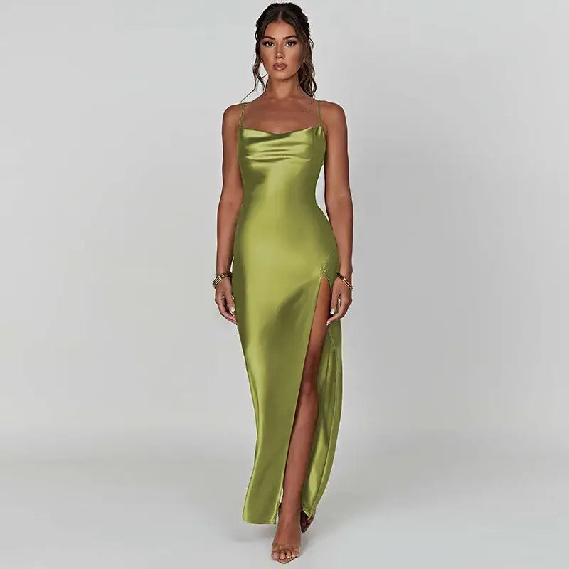 Dulzura Satin Maxi Dress: Lace-Up Back Side Slit Elegant Summer Style