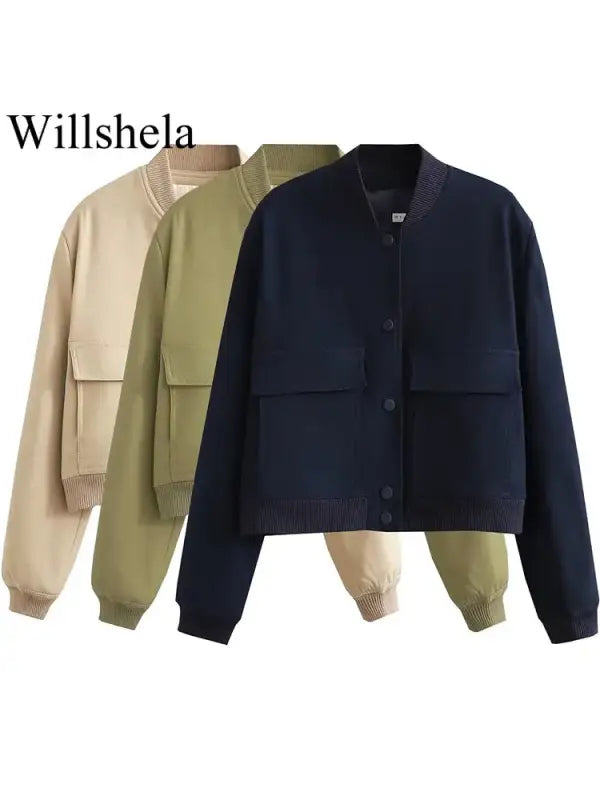 Willshela Women’s Fashion V-Neck Chic Bomber Jacket with Pockets