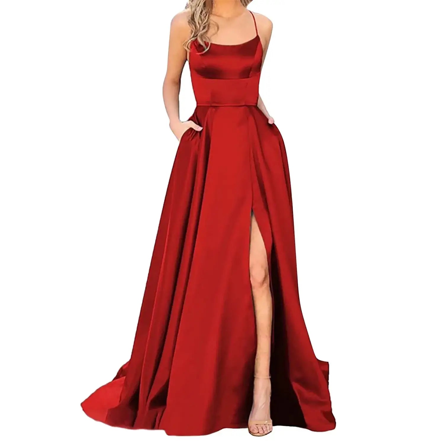 Sexy Nipped Waist Split Prom Dress: Elegant Evening Spaghetti Straps