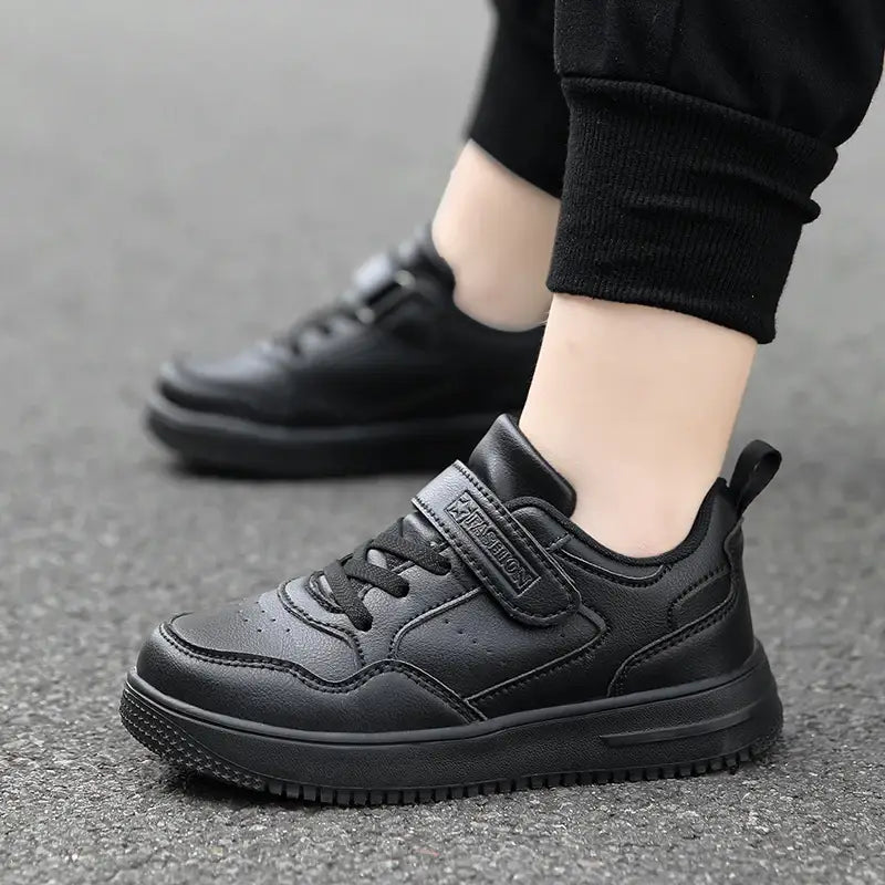 Boys Casual Black Leather Sneakers Lightweight Non-Slip Flat Shoes