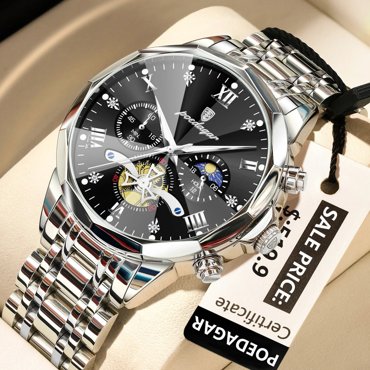 Waterproof Men Stainless Steel Quartz Chronograph Watch - 938 Silver Black